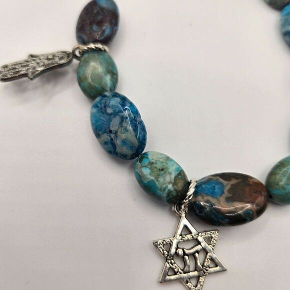 Star Of David Charm Beaded Bracelets Set Of 3 Blue Agate Glass Stones Judaica Ha - Picture 6 of 6